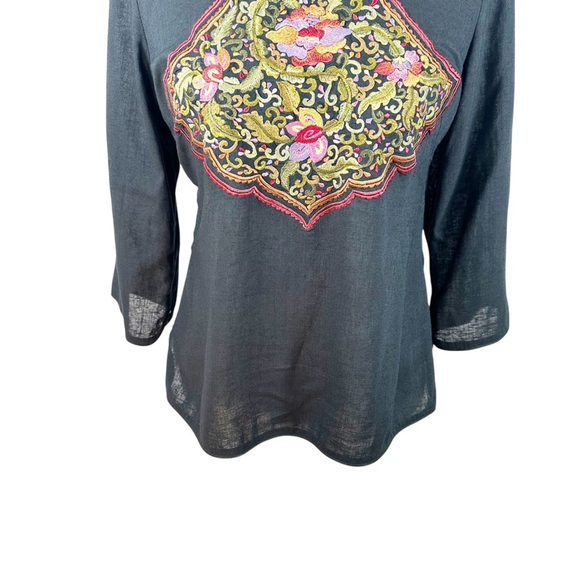Minh Hanh Black Linen Top Embroidered Floral Tapestry Vietnam Couture Size S/M - Picture 6 of 11